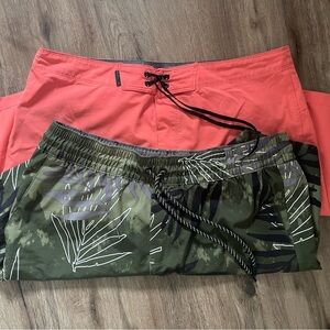 Men's Swim Trunks Set - Coral and Green Leaf Print